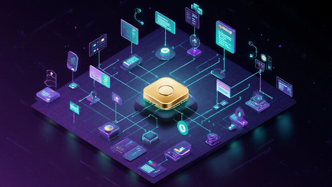 A central design component radiating connected UI elements in a glowing digital network.