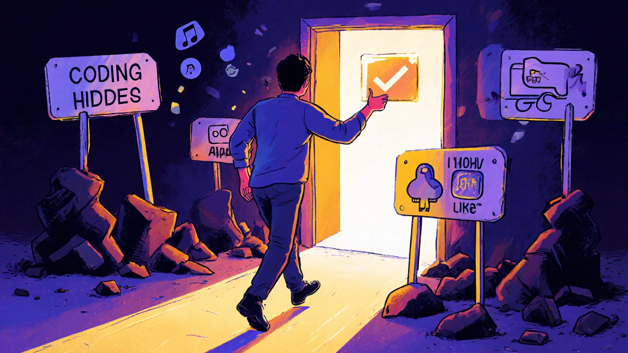 Beginner seller walking past obstacles like 'Coding' and 'Hidden Fees' toward a glowing Shopify door in comic book style.