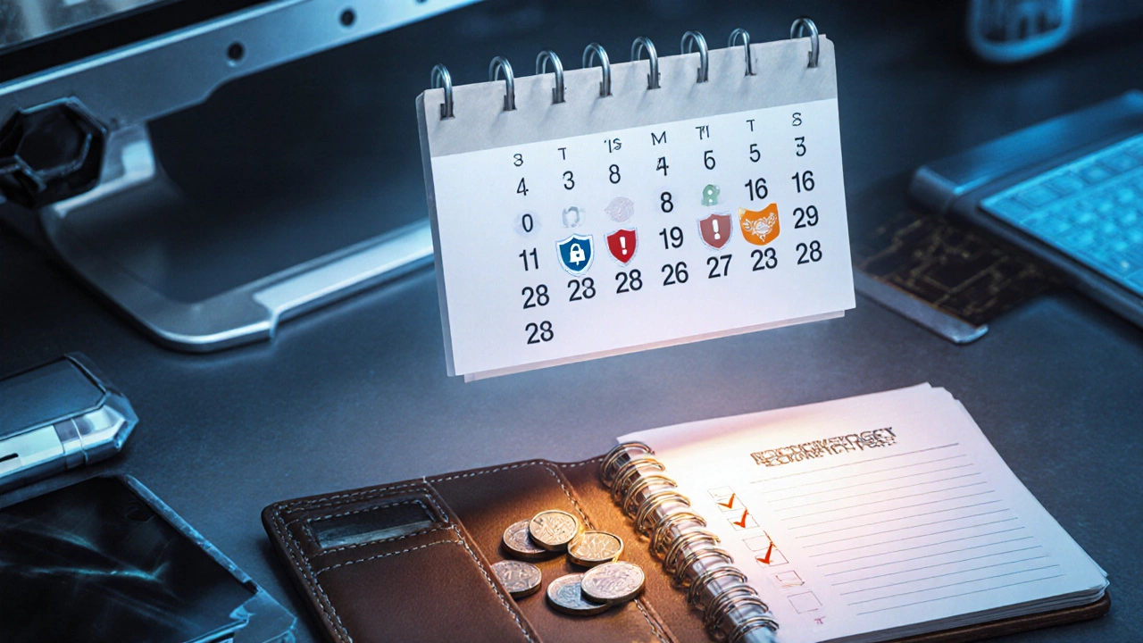 Calendar with lock and warning icons over a wallet of pounds, indicating budgeting.