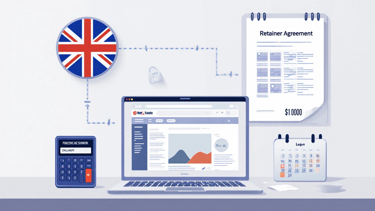 Desk scene with portfolio laptop, tax reserve calculator, retainer contract and calendar.