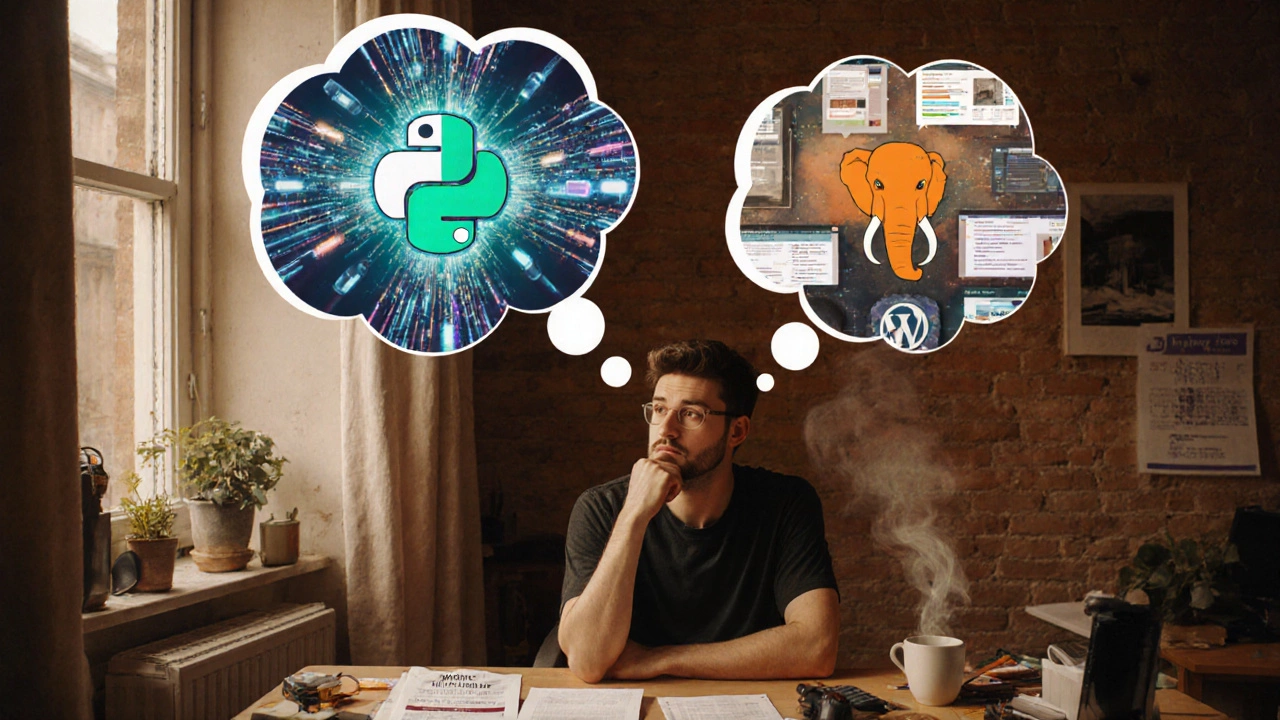 Developer at a desk pondering two paths: AI/data Python and WordPress PHP.