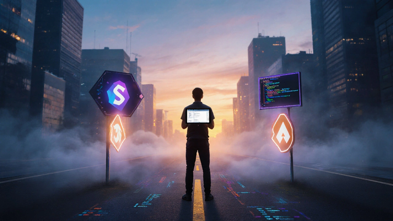 Developer at a sunrise crossroads choosing between VS Code, WebStorm, and Neovim.