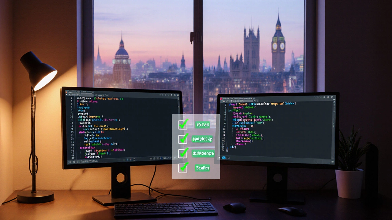 Developer at desk comparing a tiny Node script to an Express app on two monitors.