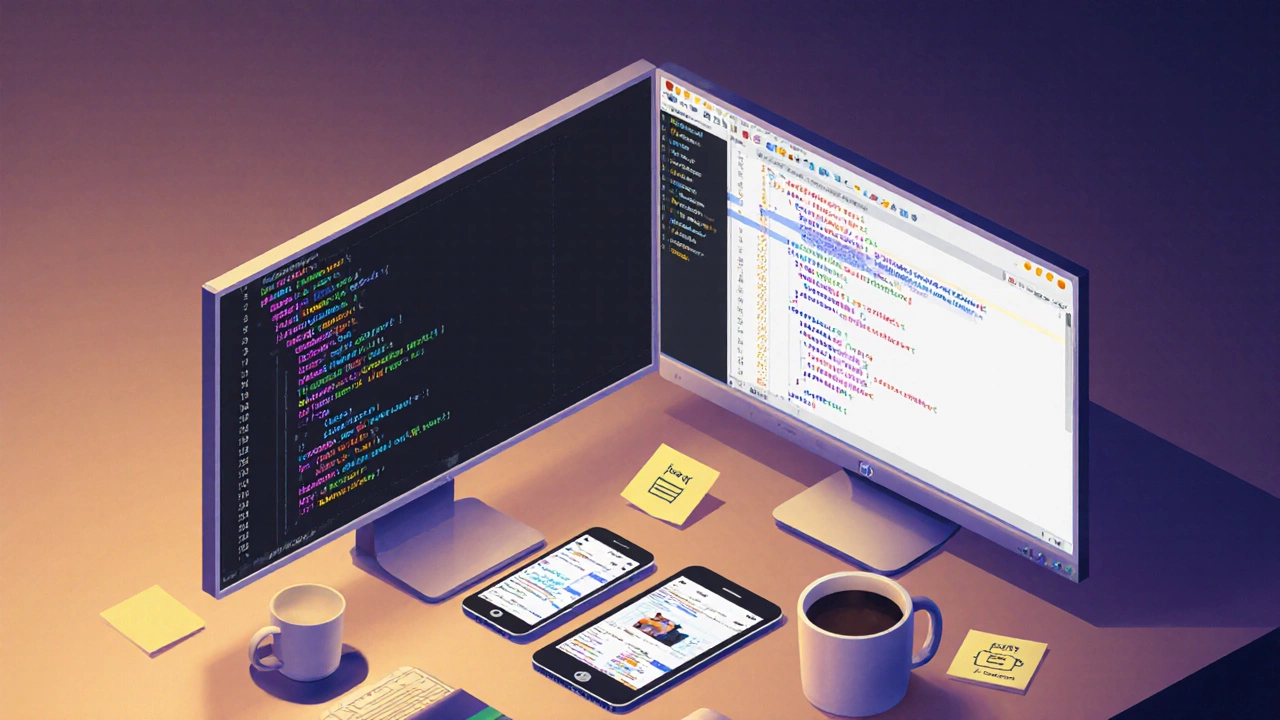 Developer coding HTML/CSS/JS with responsive preview on multiple devices.