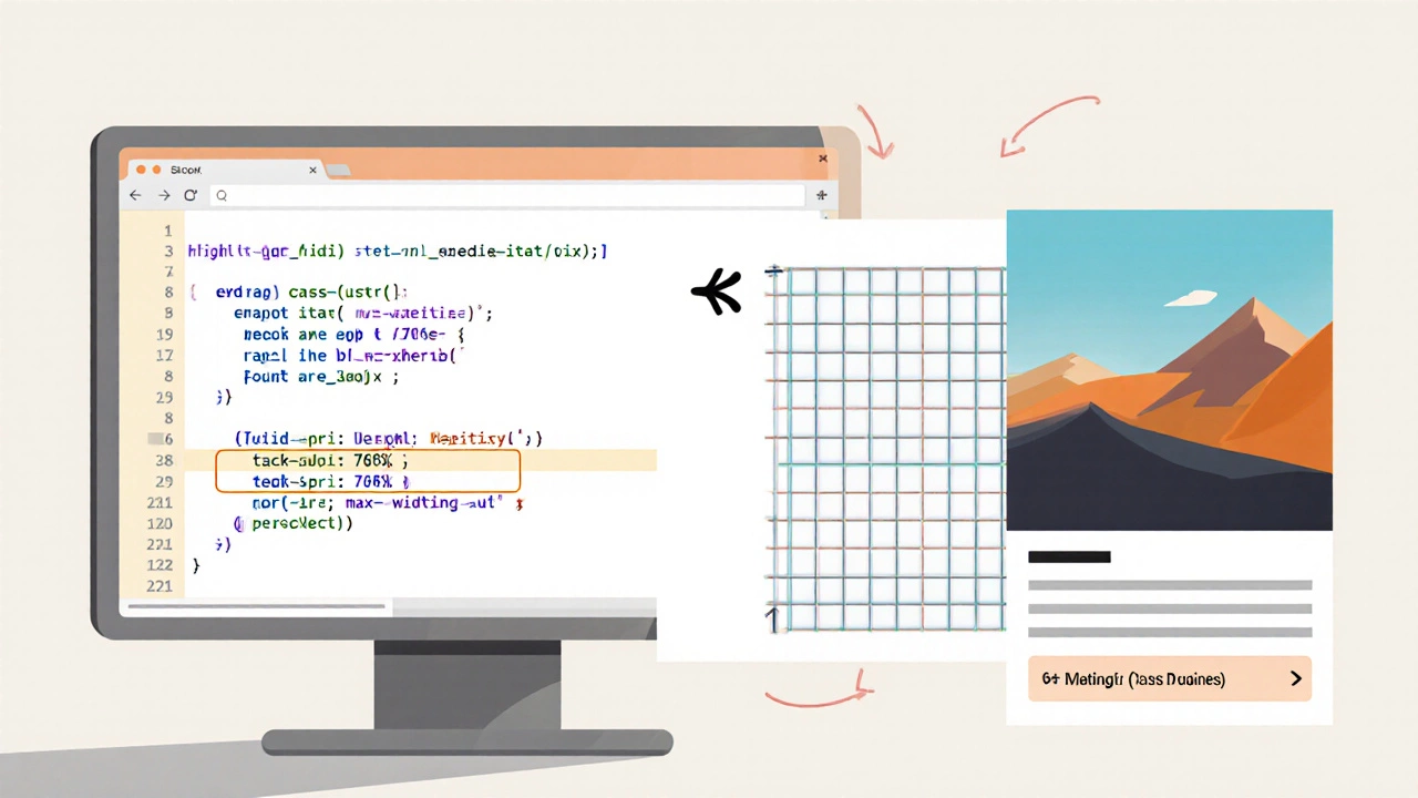 Developer desk with code editor, fluid grid overlay, and flexible image.