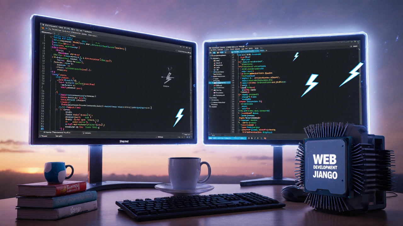 Developer desk with Laravel console on one monitor and Django admin on another, highlighting performance tools.