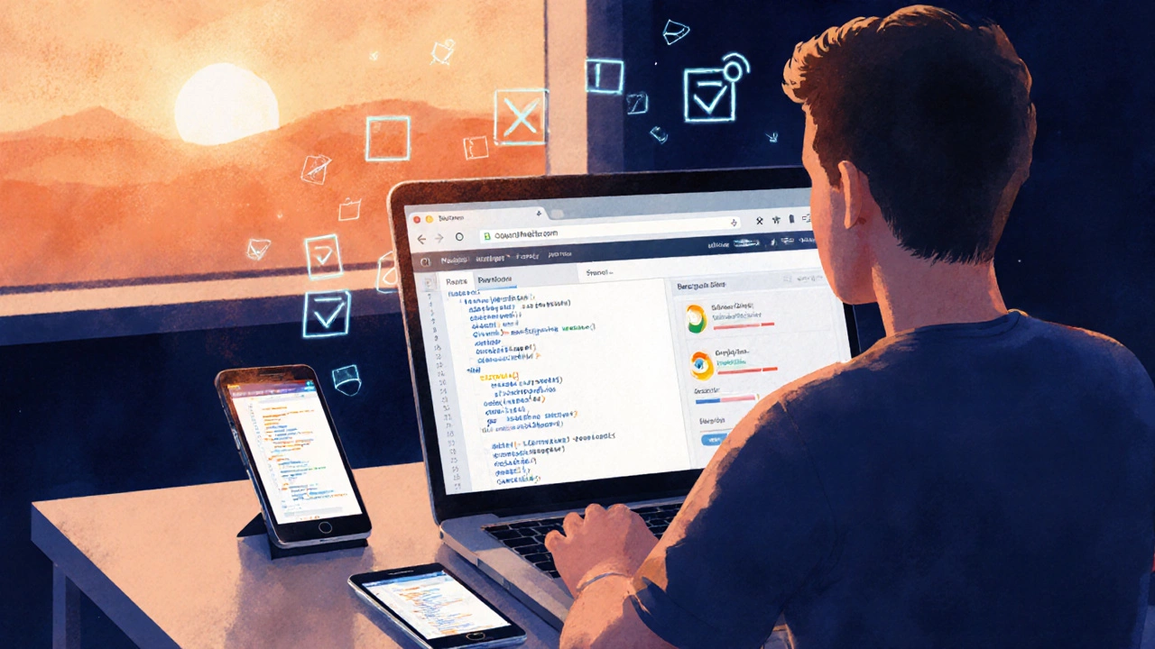 Developer testing a responsive site on laptop, phone, and tablet with a checklist overlay in warm lighting.