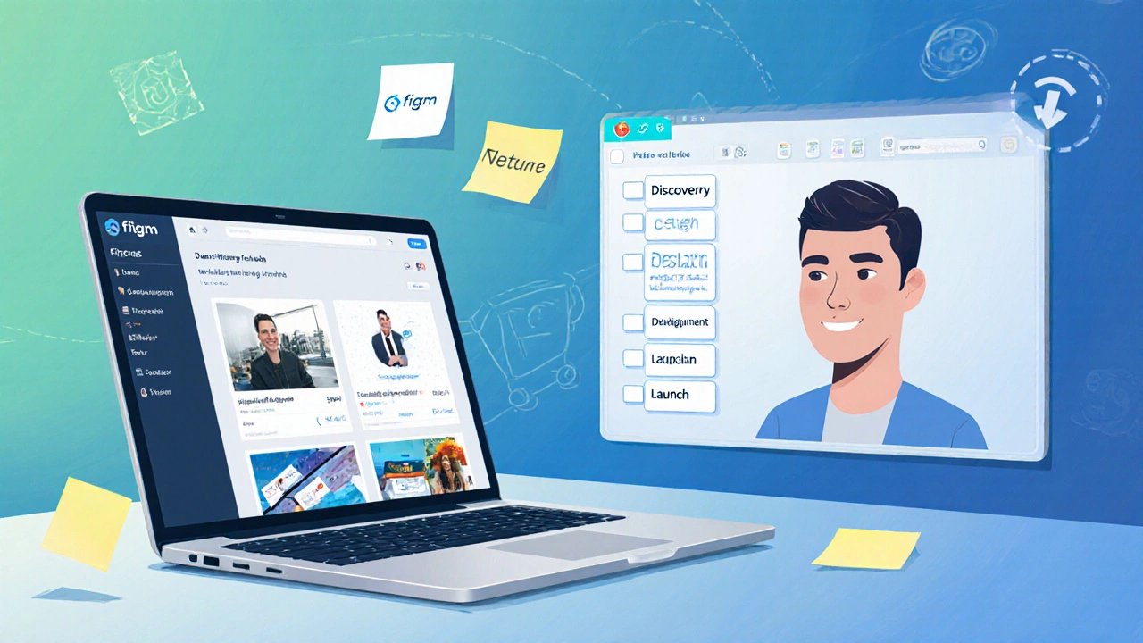 Developer video‑calling a client, showing design mockups and a project board.