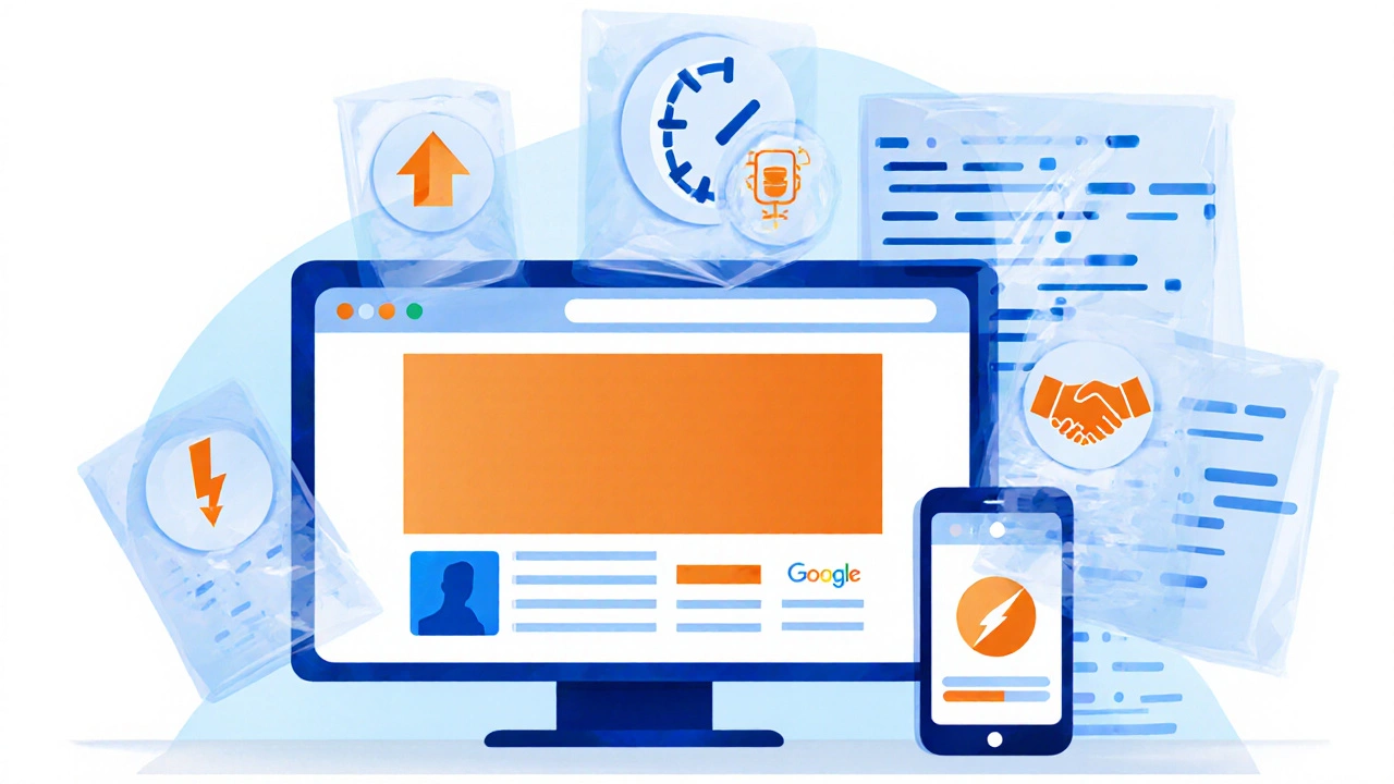Developer workspace with media queries, SEO, conversion, and speed icons.