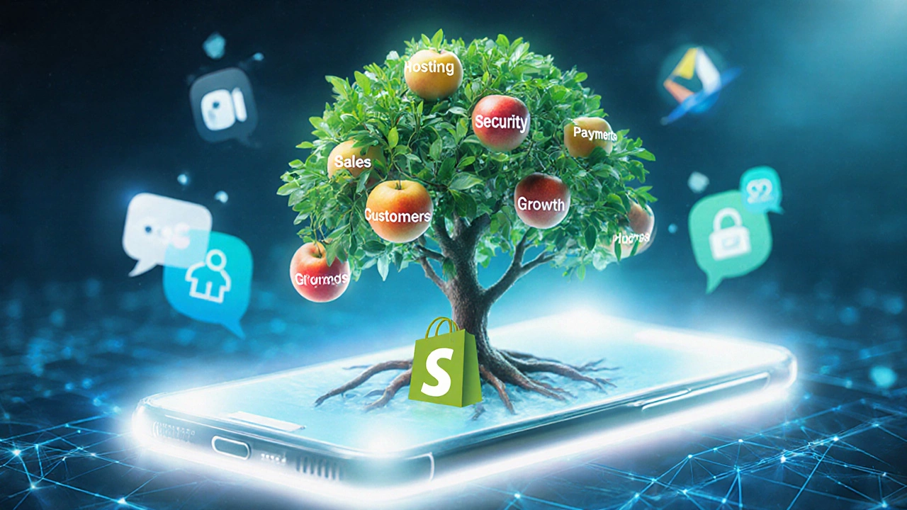 Digital tree growing from a phone with integrated e-commerce roots and sales fruit, Shopify as the trunk.