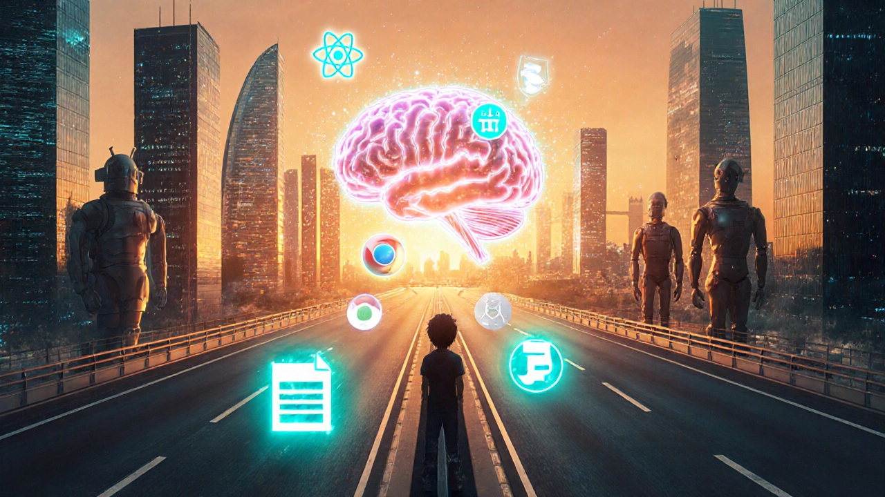 Diverging futuristic roads representing JavaScript and Java career paths, with a programmer at the fork.