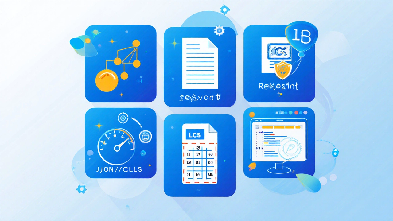 Flat illustration of six SEO pillars with code snippets and icons in a hexagonal layout.