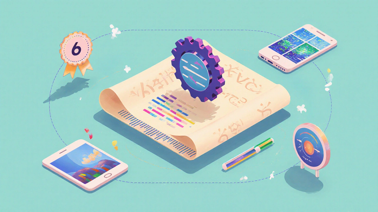 Flat‑lay illustration of media queries, viewport tag, grid, flexible images, and breakpoints as design icons.