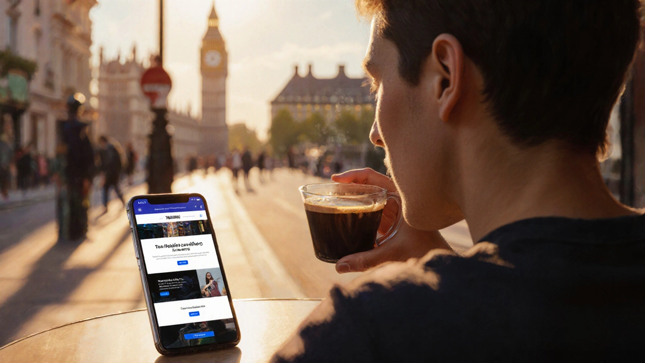 Freelancer at a café holding a phone displaying a polished mobile website.
