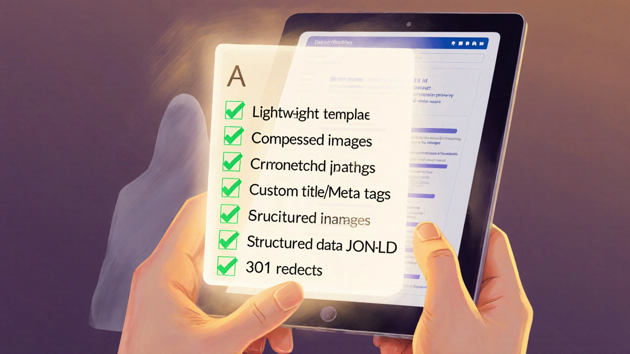Hand holding a tablet with a glowing SEO checklist and clean site displayed beside fading code.