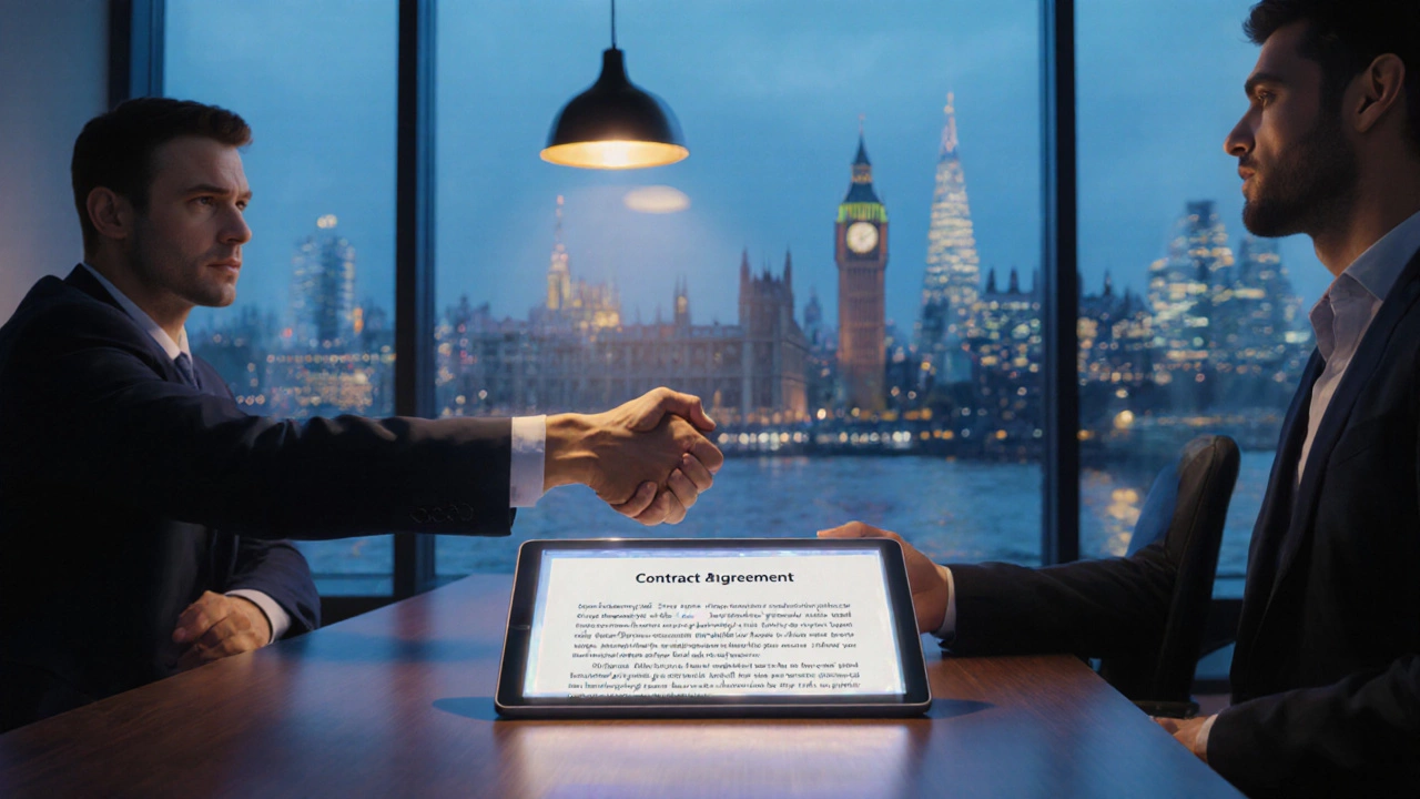 Handshake over a tablet with a blurred contract in a modern conference room with city view.