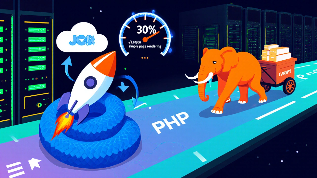 Illustrated race between Python FastAPI and PHP Laravel servers with performance cues.