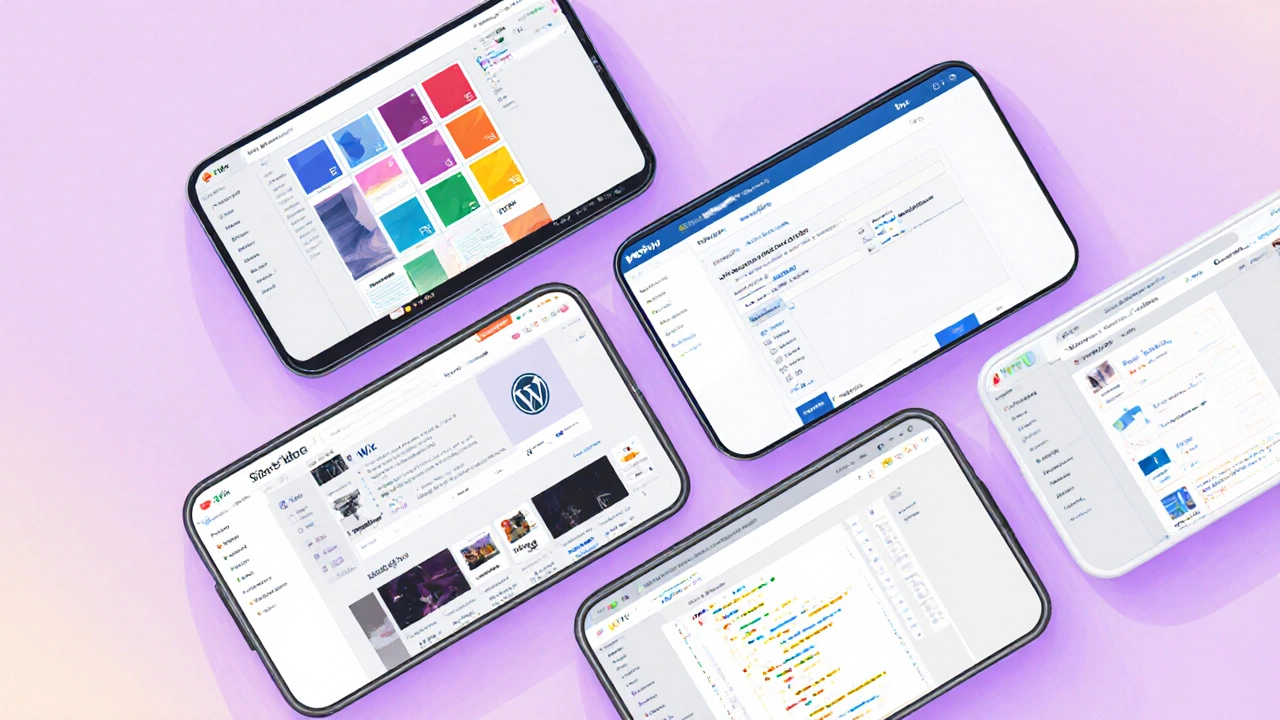 Illustration of five smartphones showing different free website builder dashboards.