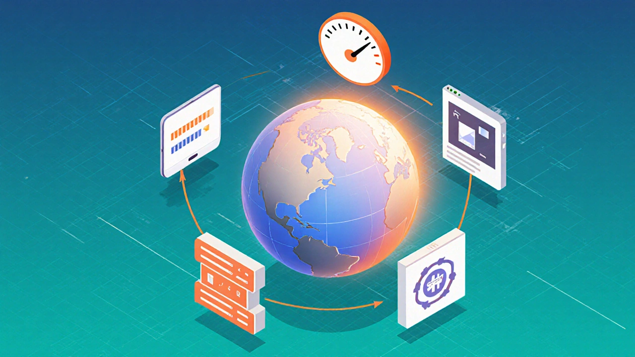 Isometric dashboard showing icons for speed, mobile, URLs, schema, and linking around a Google globe.