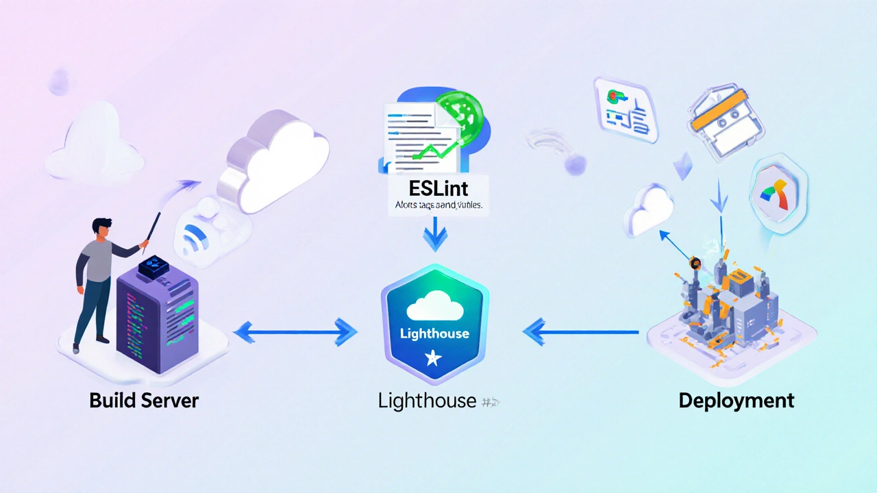 Isometric view of a CI/CD pipeline with SEO linting, Lighthouse audit, and deployment.