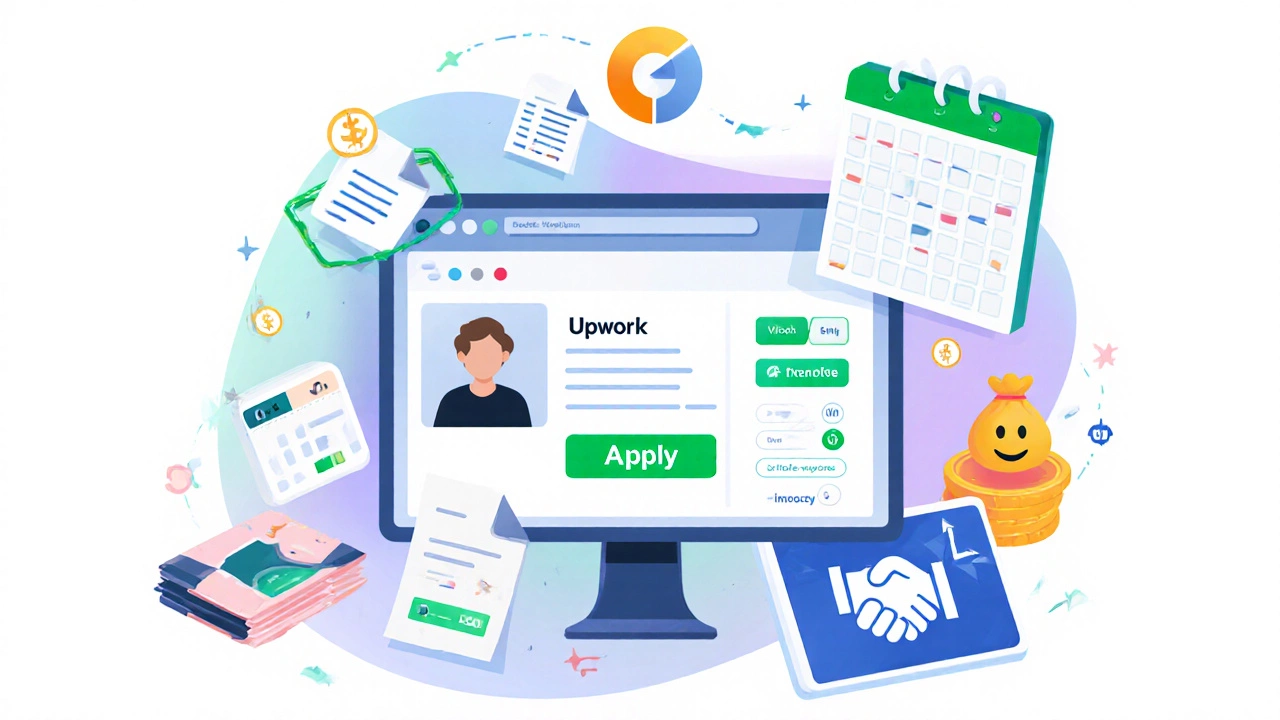 Isometric view of a freelancer&#039;s screen showing Upwork profile, proposal icons, and money bag.