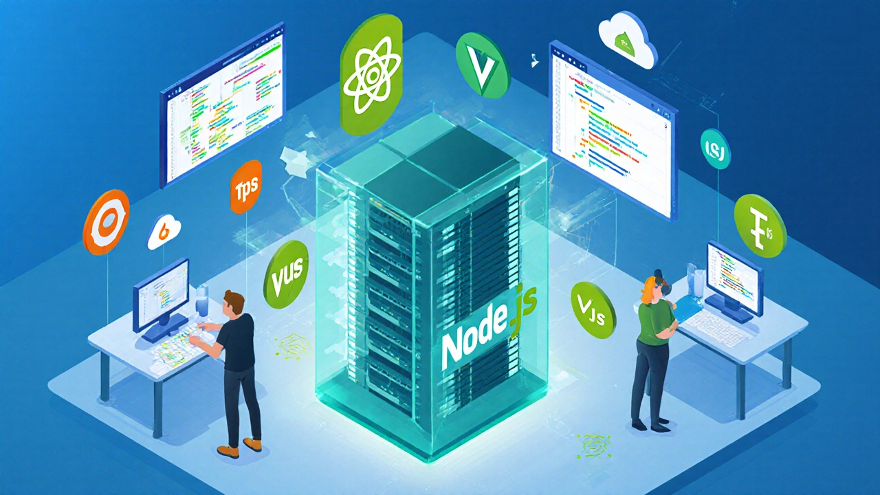 Isometric view of a workspace showing Node.js server, React and Vue symbols, and developers collaborating.