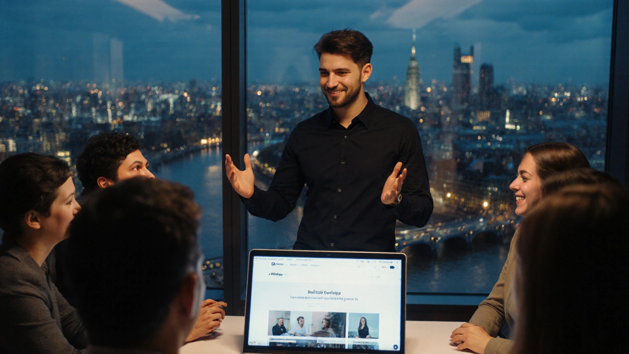 Junior UX designer showcasing a portfolio on a laptop to recruiters in an office with city view.