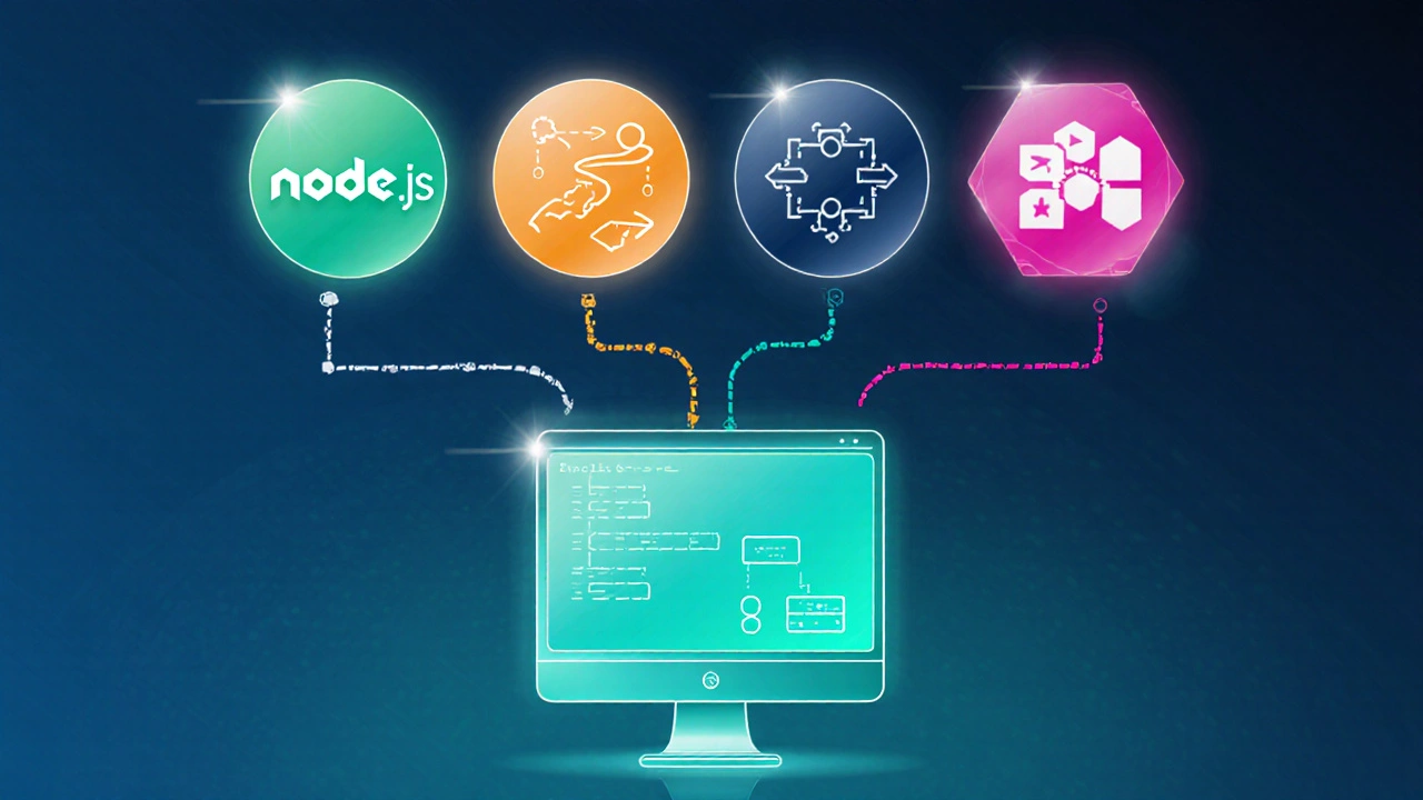 Layered illustration showing Node core at bottom with Express, Koa, NestJS icons above.