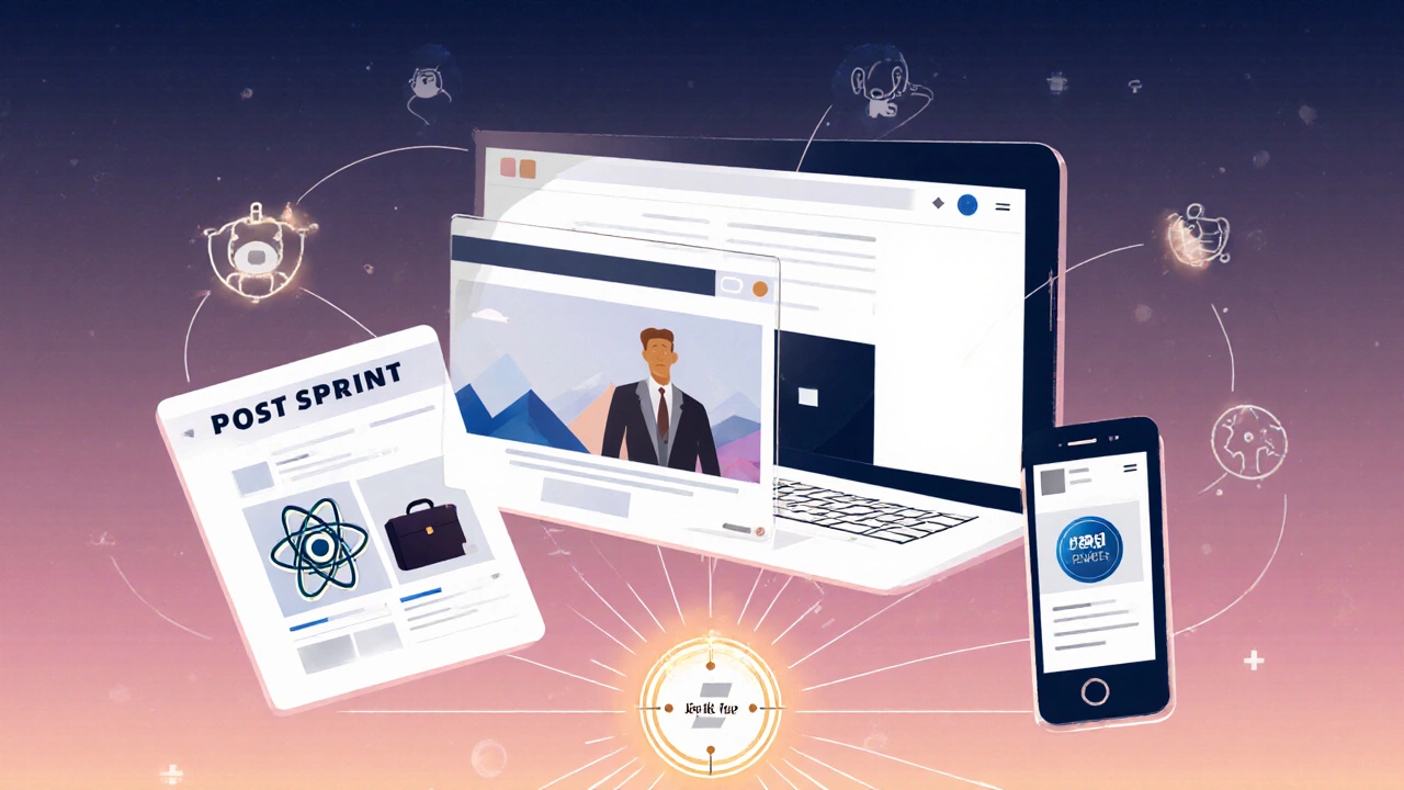 Minimalist depiction of a portfolio website on multiple devices with icons for GitHub, jobs, and freelancing.