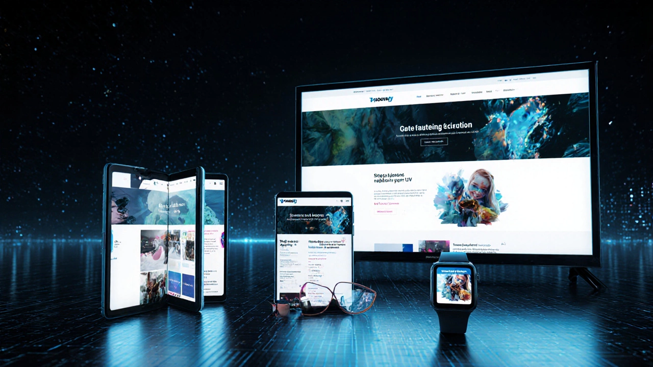 Responsive site displayed on foldable phone, smart TV, AR glasses, and smartwatch.
