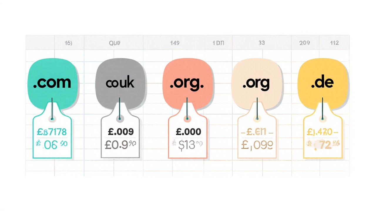 Row of TLD icons each attached to price range tags on a pastel background.
