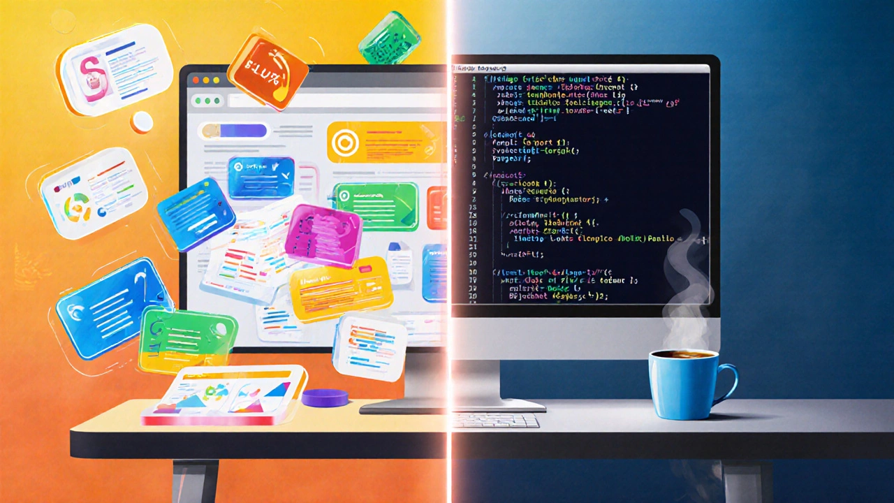 Split scene showing a browser with live JavaScript UI and a desk with Java IDE and compile console.