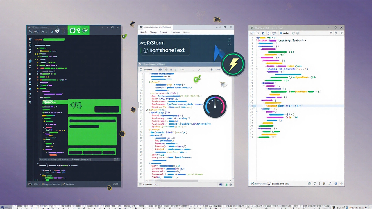 Split-screen illustration comparing WebStorm, Neovim, and Sublime Text.