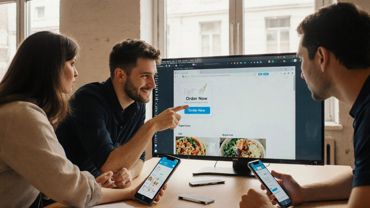 Team members reviewing a food delivery app prototype on a monitor in a bright co-working space.