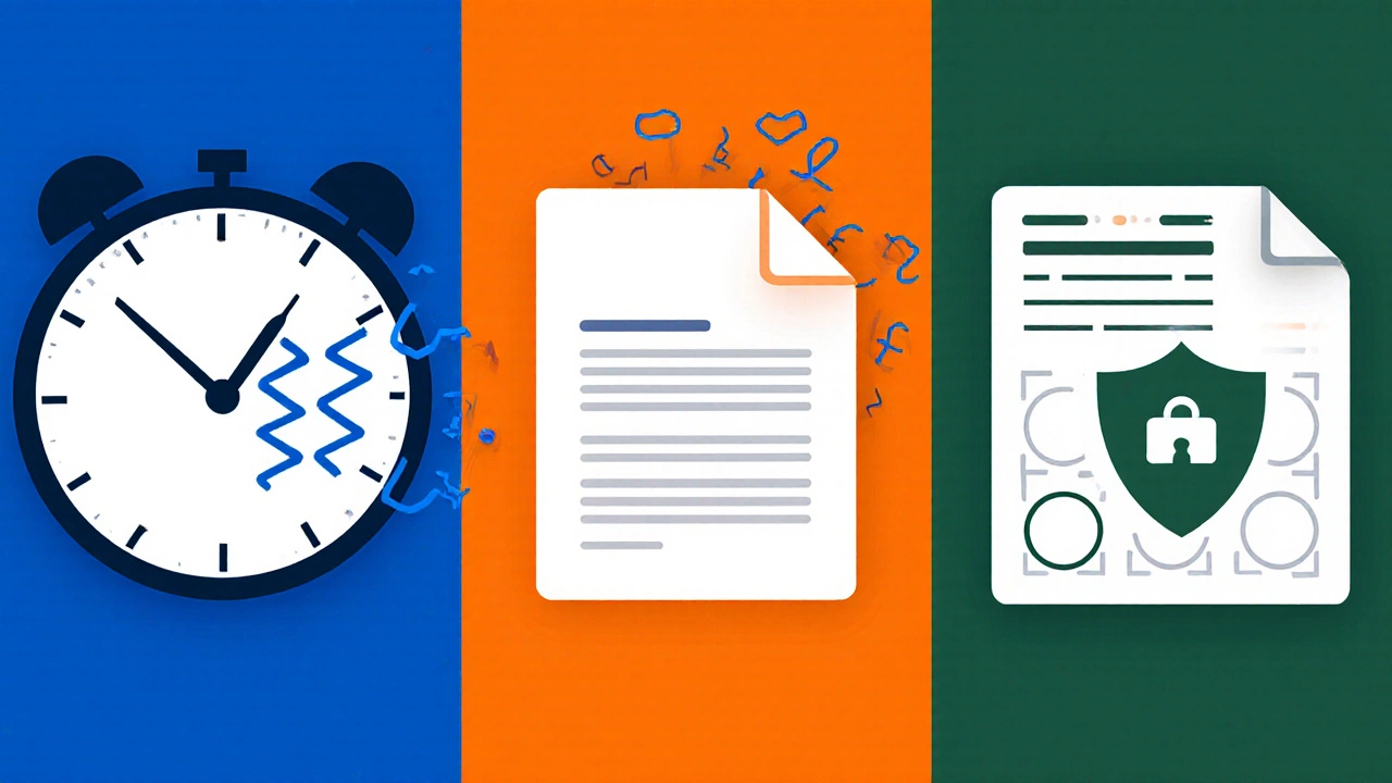 Three-panel illustration showing hourly clock, project brief folder, and calendar for retainer.
