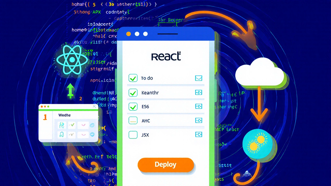 Vibrant illustration of React components, to‑do list, weather widget, and API data flow for month two learning.