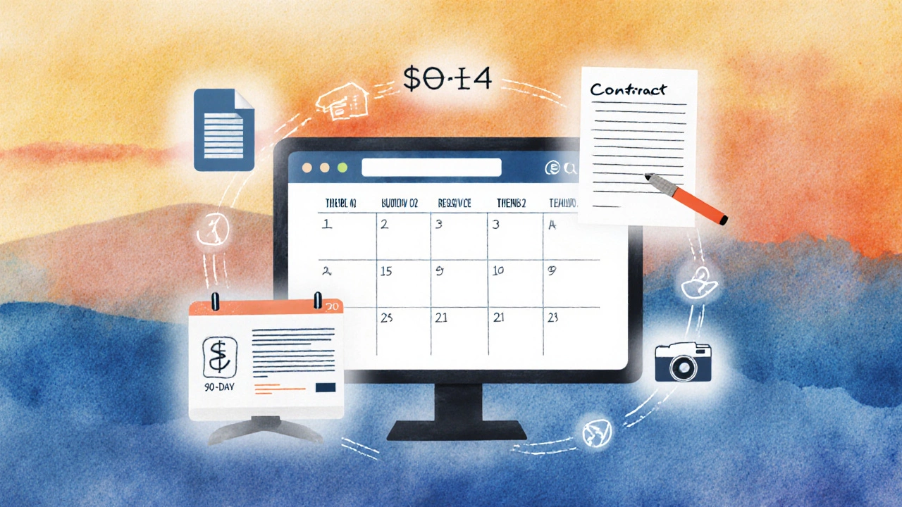 Watercolor collage of a calendar, website monitor, contract, retainer icon, product box, and teaching camera.
