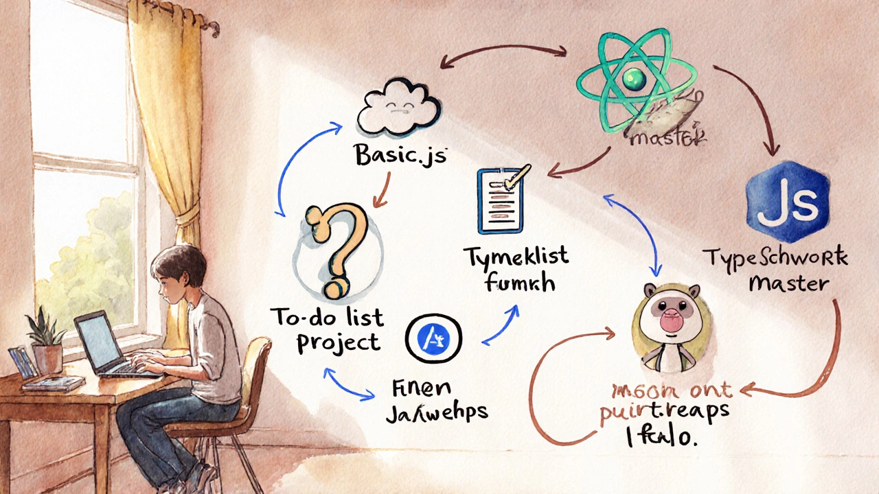 Watercolor roadmap showing steps to learn JavaScript, from setup to portfolio deployment.