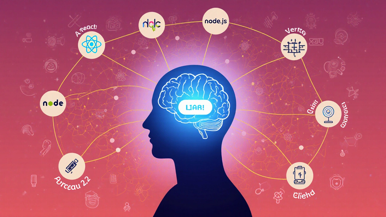 A conceptual brain connected to key web development technologies, symbolizing thoughtful, skilled problem-solving in 2025.