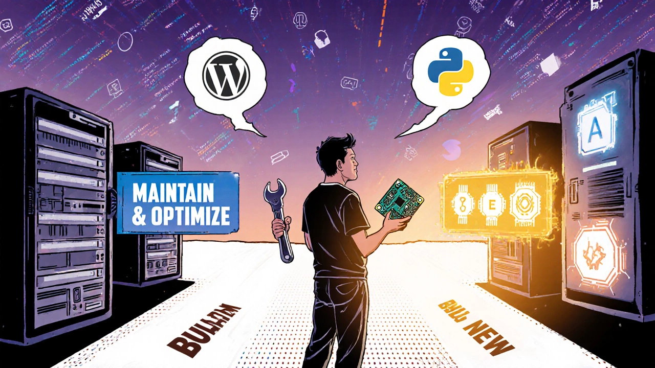 A developer choosing between maintaining PHP sites or building new Python systems in a comic book style.