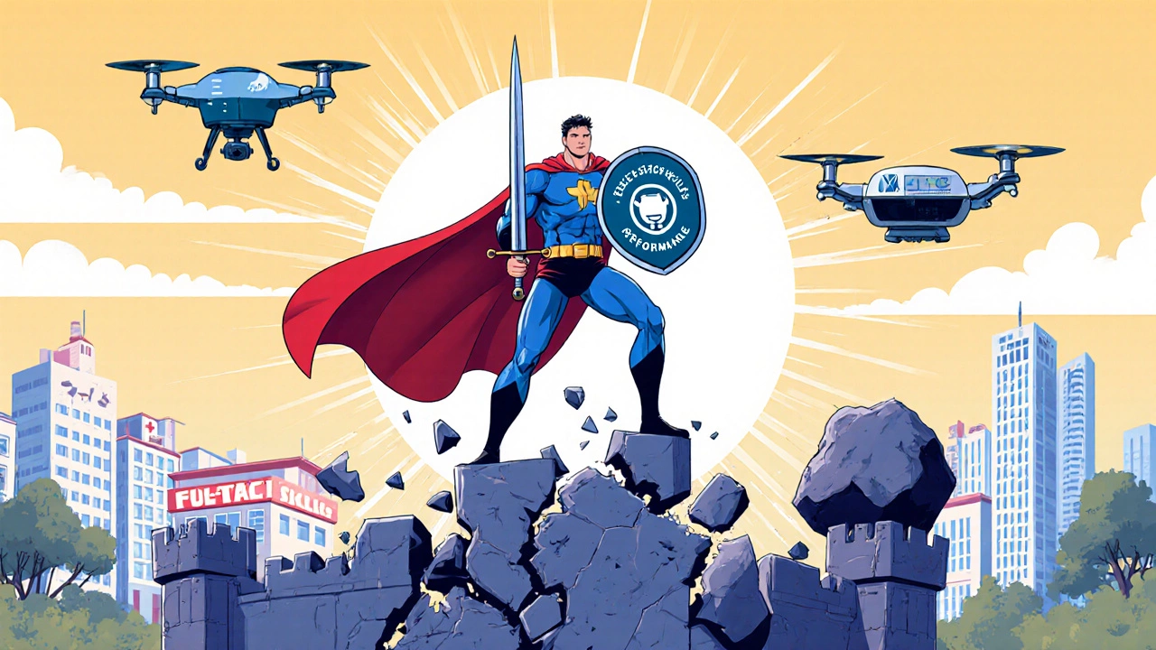 A heroic developer defeating outdated web technologies with modern skills, supported by AI assistants and thriving digital services.