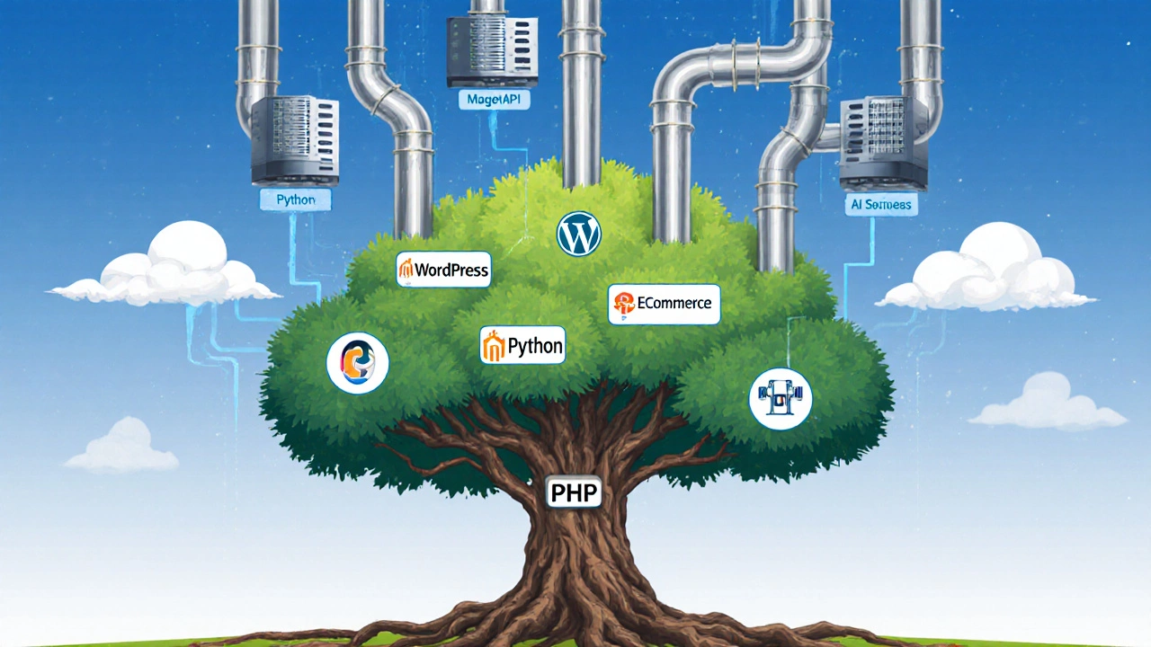A tree with PHP roots supporting WordPress branches, connected by pipes to Python cloud services in a hybrid system.