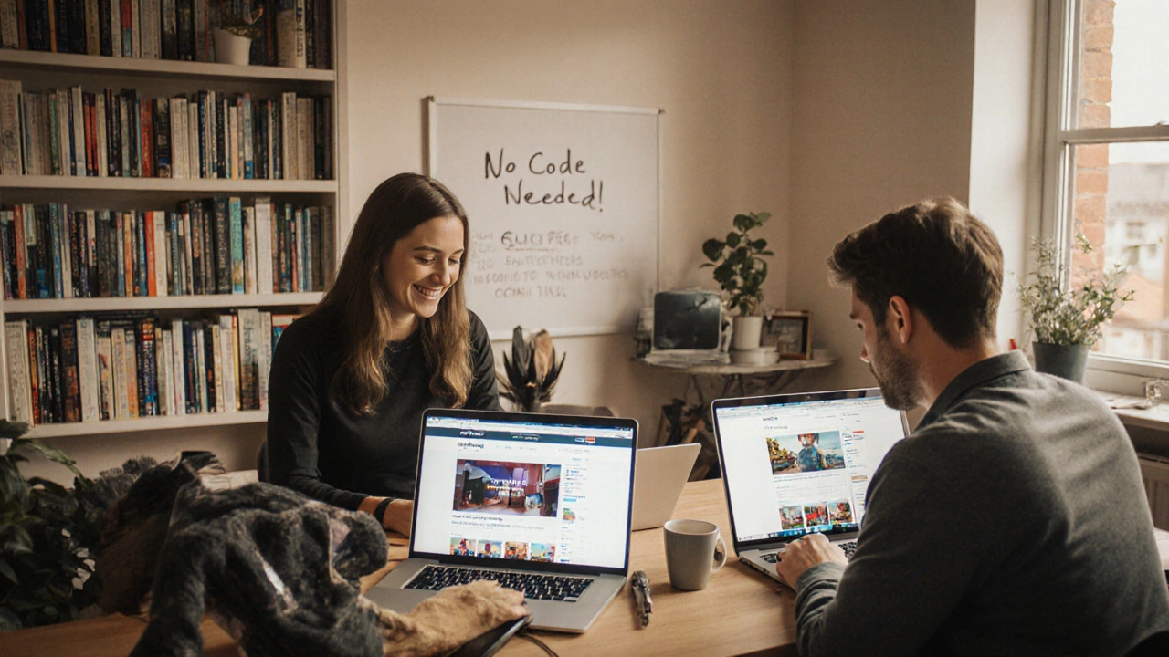 A yoga instructor and plumber both running WordPress sites in a home office, no code visible.