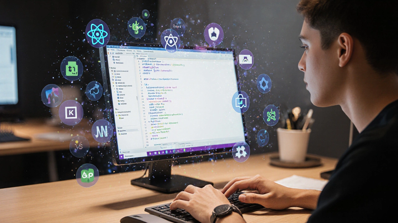 Developer coding a to-do app with React and Node.js icons floating above screen.