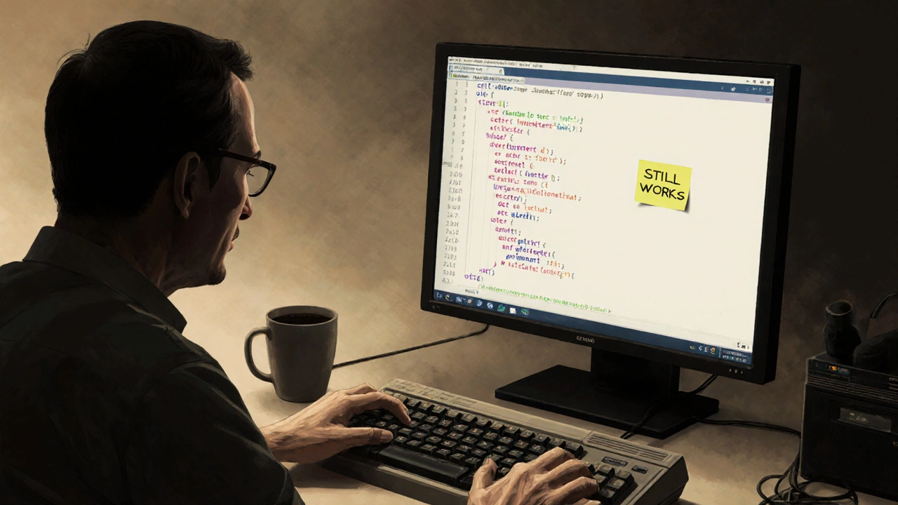 Experienced developer in UK office working on PHP code with coffee mug and rain-streaked window.