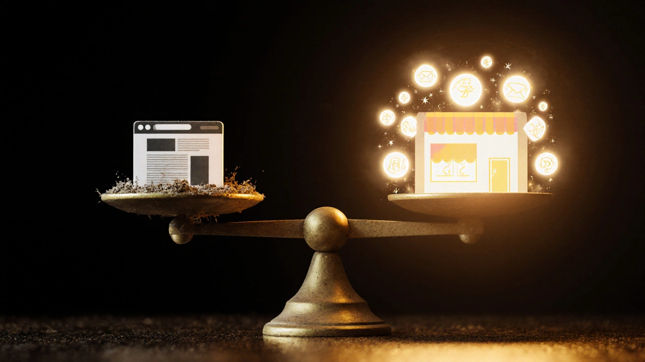 Scale balancing a simple blog against a thriving ecommerce site with glowing revenue streams.
