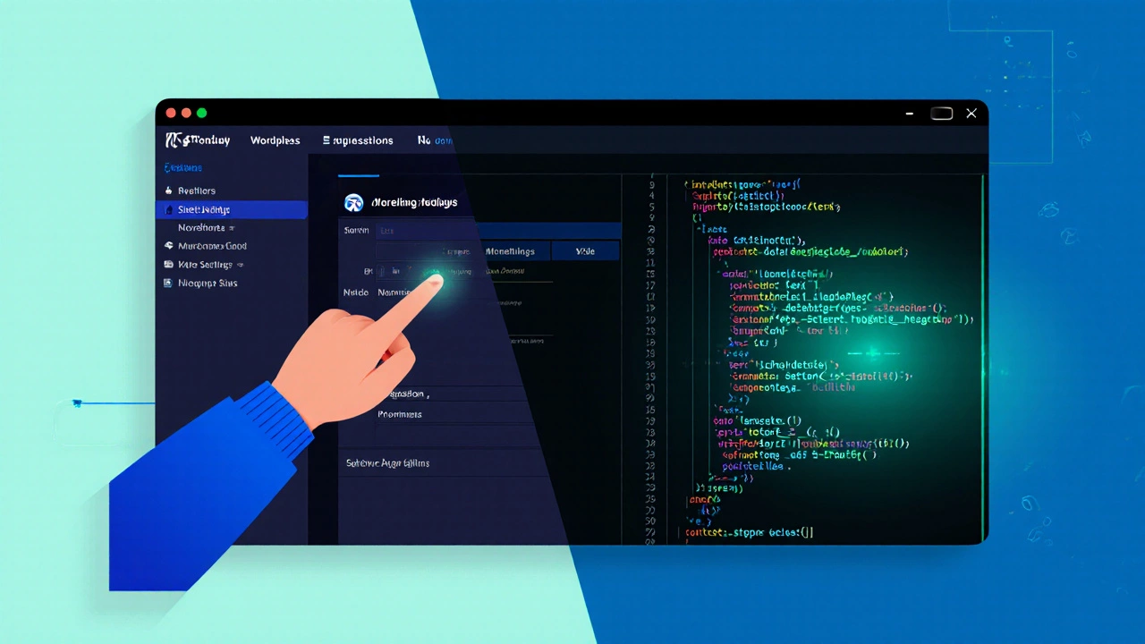 Split-screen showing WordPress admin with optional code snippets glowing beside it.