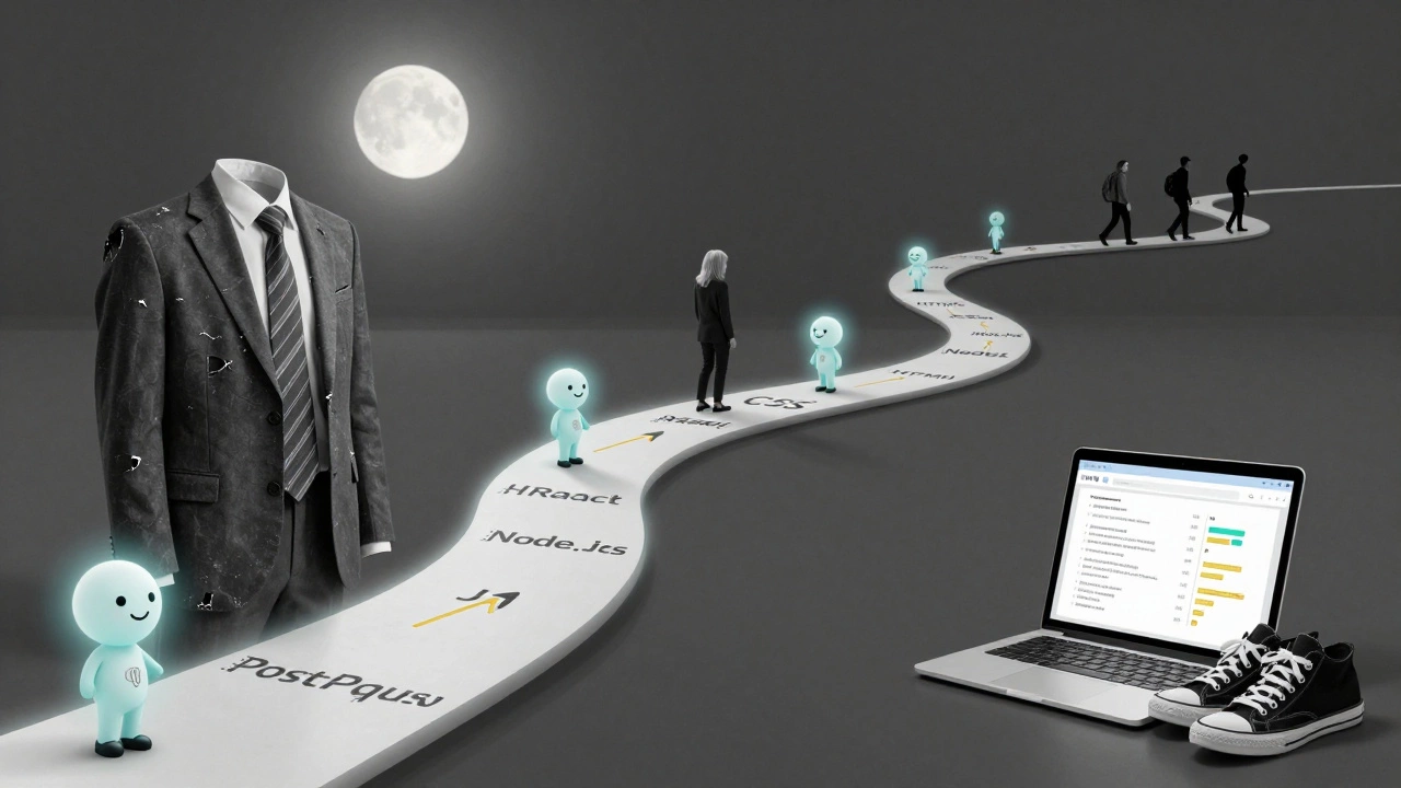 A symbolic path of code blocks leading from a suit to sneakers, with AI helpers guiding the way toward a live web app.