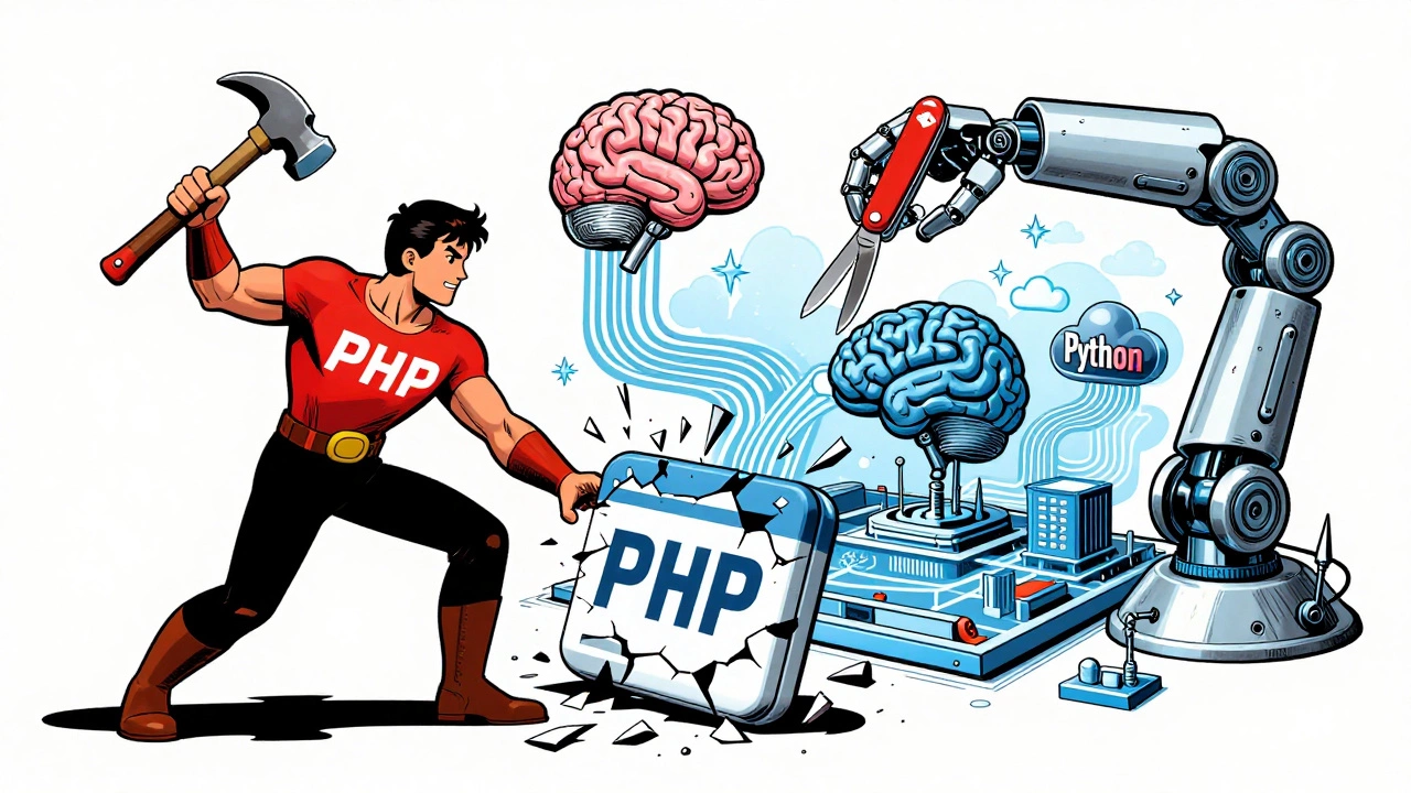 Comic book hero with PHP hammer vs Python Swiss Army knife building AI systems.