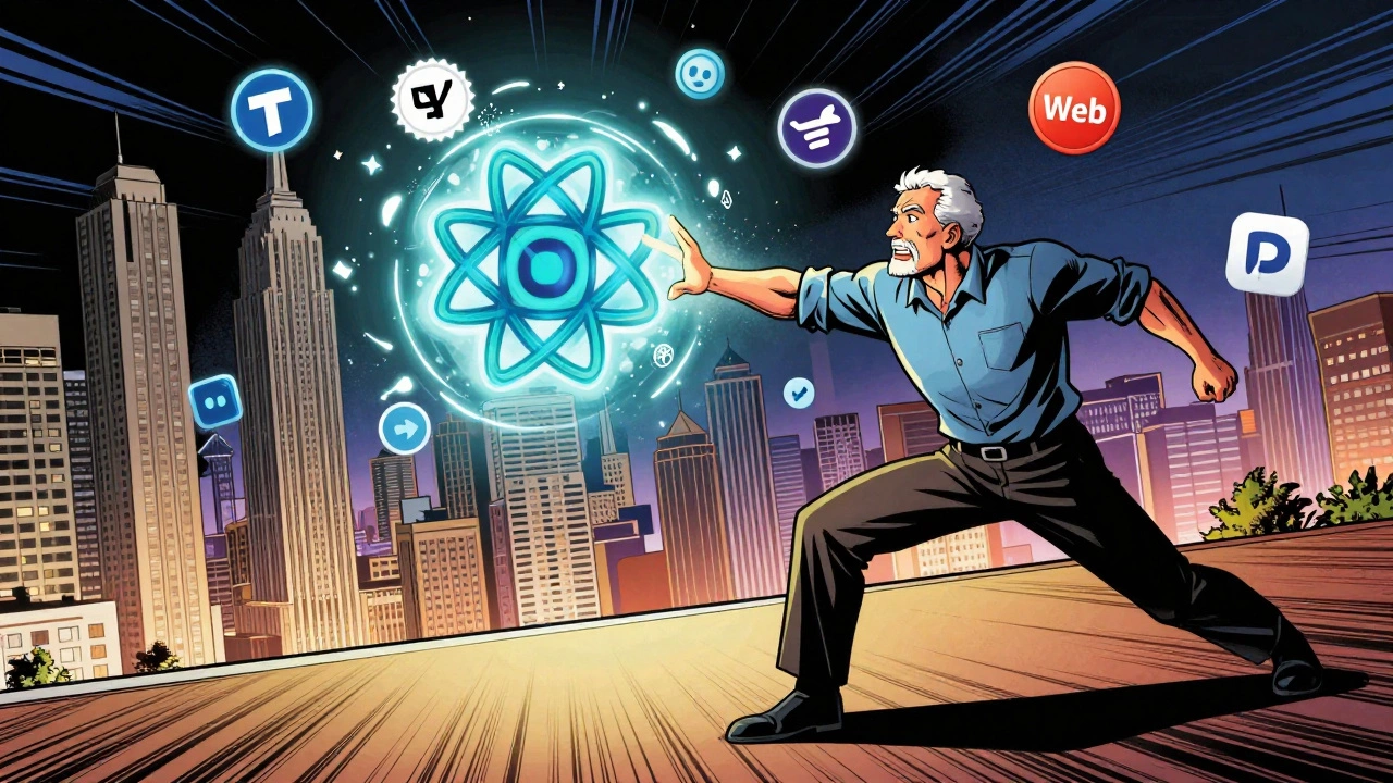 Comic book-style front-end developer launching tech skills as power-ups across global cities.